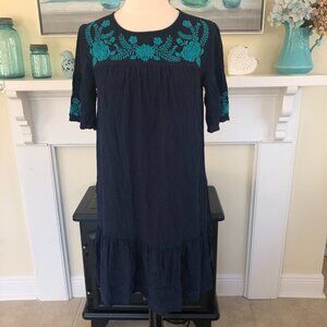 Loft Embroidered Boho Ruffle Dress Medium